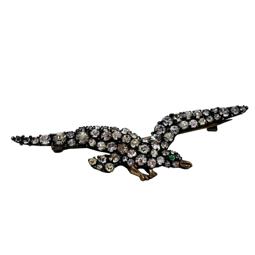 Antique c-clasp SIGNED Czechoslovakia Rhinestone Bird‎ Brooch Green Eye